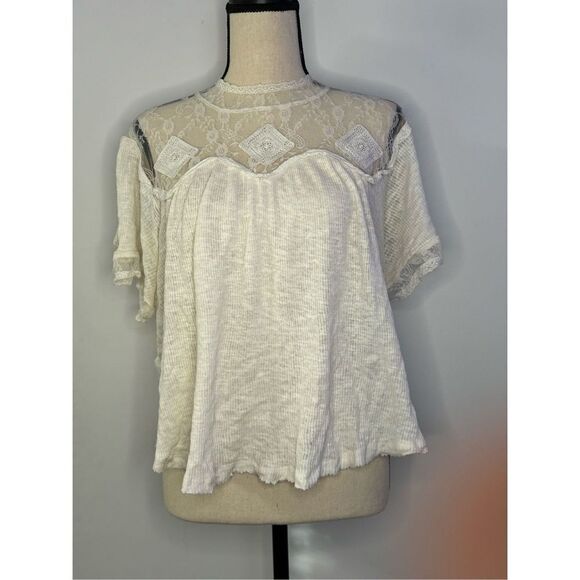 Free People Cape May cream Lace detail open button back blouse size M - Picture 1 of 3